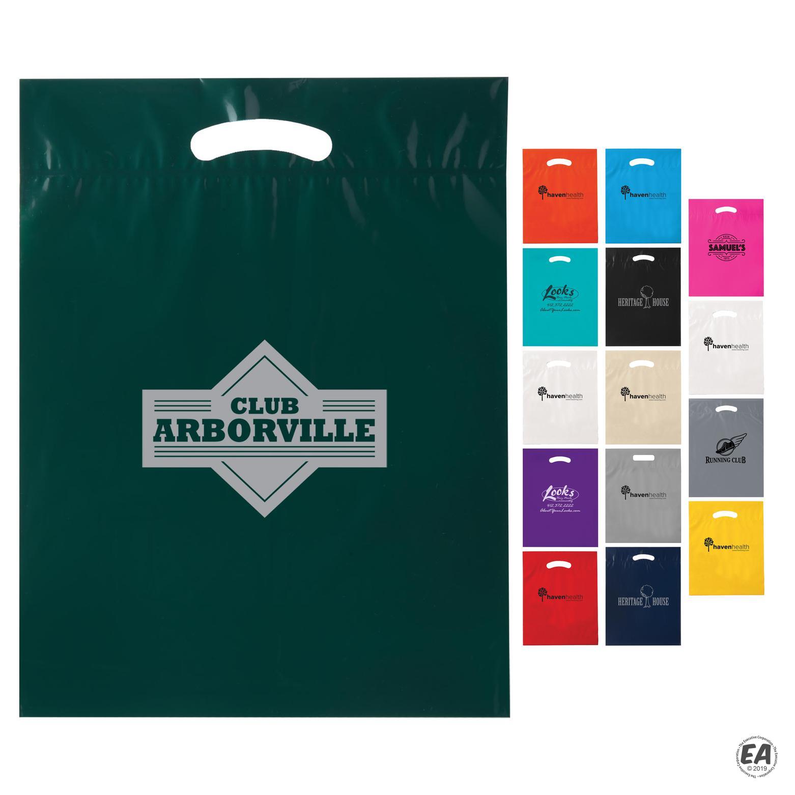 Promotional Recyclable Die Cut Plastic Bag 12x15x3 | Custom Handle