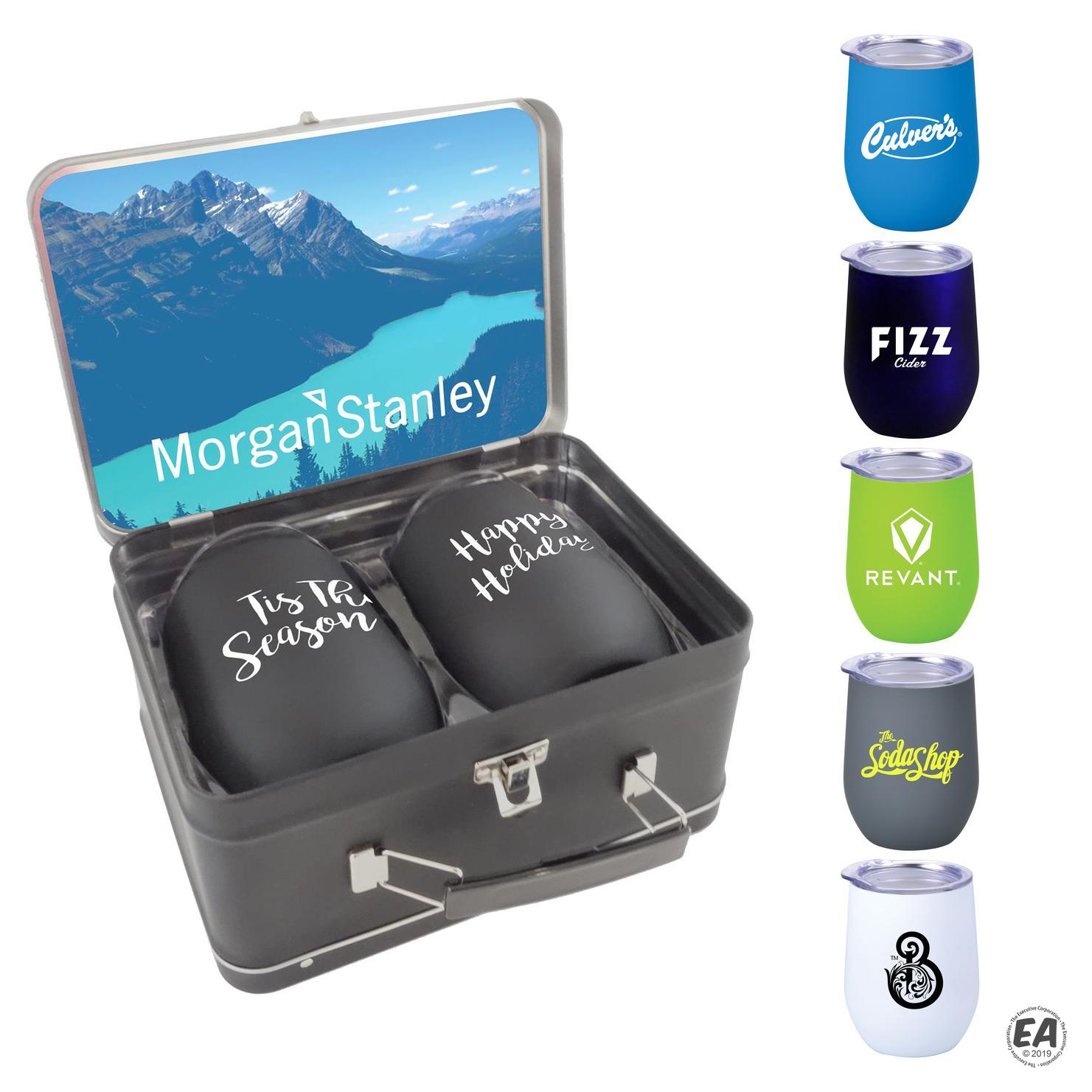 Custom Retro Lunchbox and Double 12oz Rubberized Finish Stemless Wine