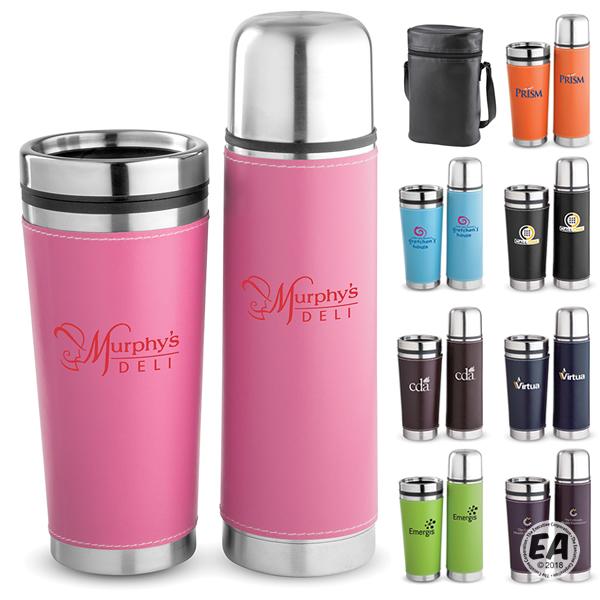 Branded Leatherette Tumbler Vacuum Bottle Set Customized Drinkware